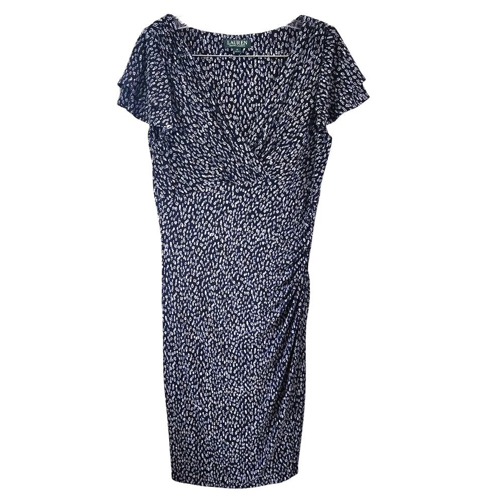 Lauren ralph lauren Blue White V-Neck Stretch Ruched Side Career Dress size 12